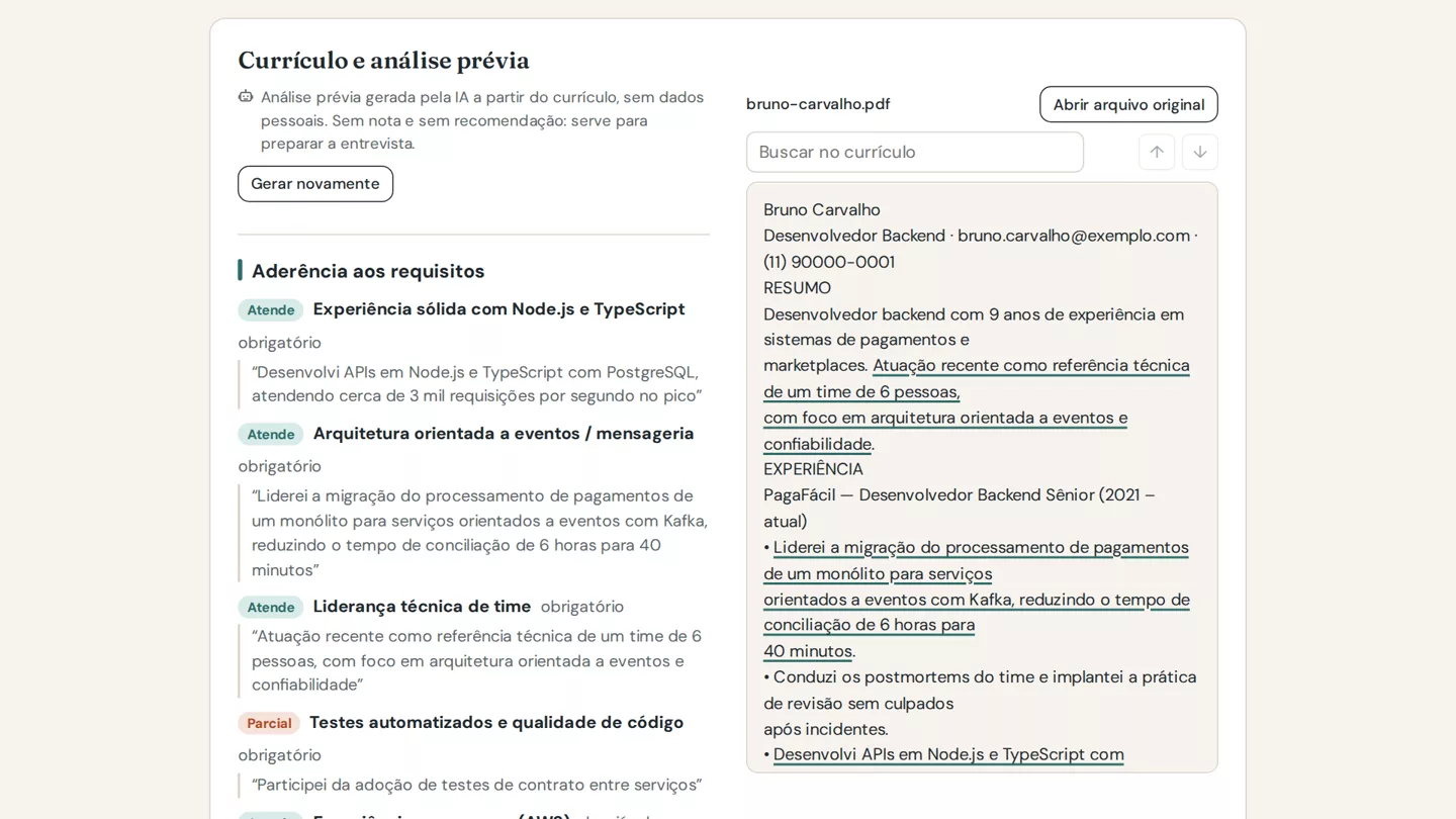 Análise prévia do currículo com a aderência a cada requisito da vaga