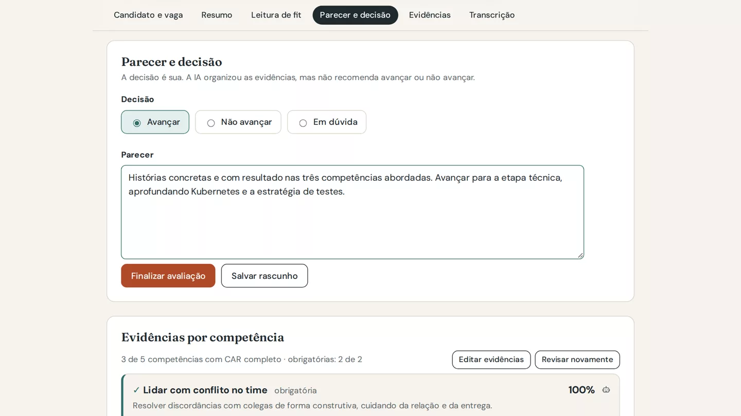 Parecer e decisão registrados pelo entrevistador
